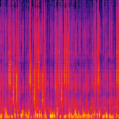 A spectrogram of vertical lines in pink, orange, and purple